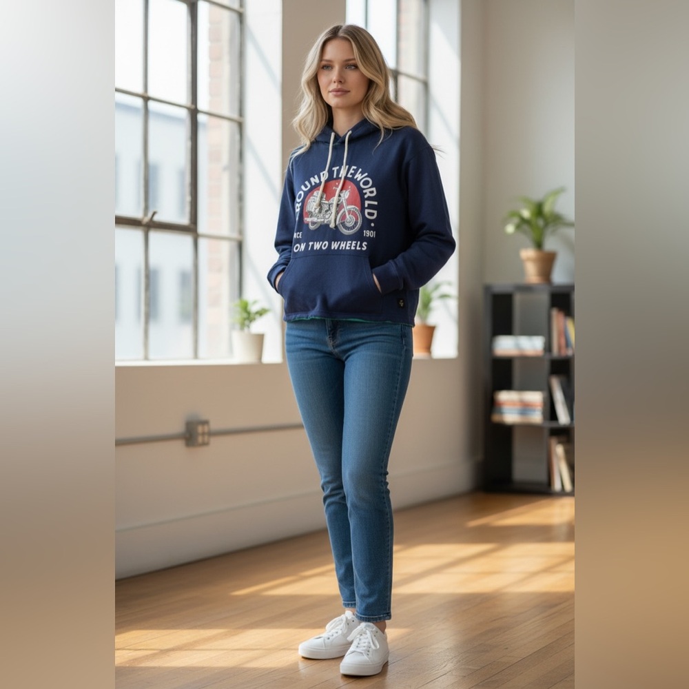 Royal Enfield Cropped Moto Hoodie – Women’s NWT – Around the World Graphic